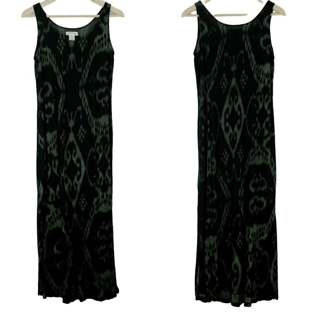 Orvis Midi Tank Dress M Black Taupe‎ Ikat Split Hem Lightweight Shift